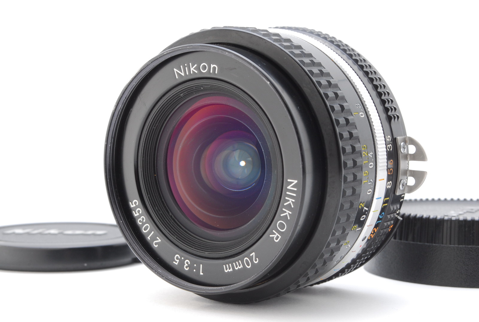 PROMOTION. EXC+5 Nikon NIKKOR 20mm f/3.5 Ai-s Ais Wide Angle MF Lens, Front Cap, Rear Cap EXC+5 니콘 NIKKOR 20mm f/3.5 Ai-s Ais 광각 MF 렌즈, 전면 캡, 후면 캡 Nikon