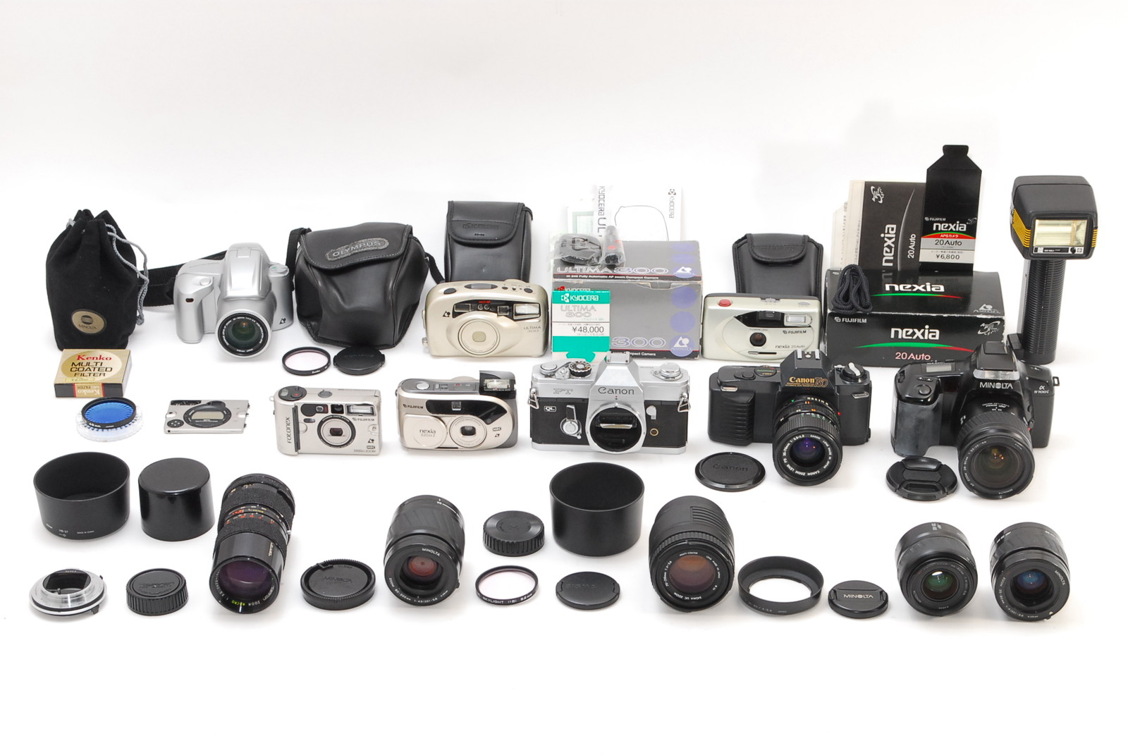 PROMOTION. Film Camera Set Canon T50, FT QL, Minolta Alpha, Fujifilm, Olympus, Nikon, Kyocera, Sigma etc from Japan